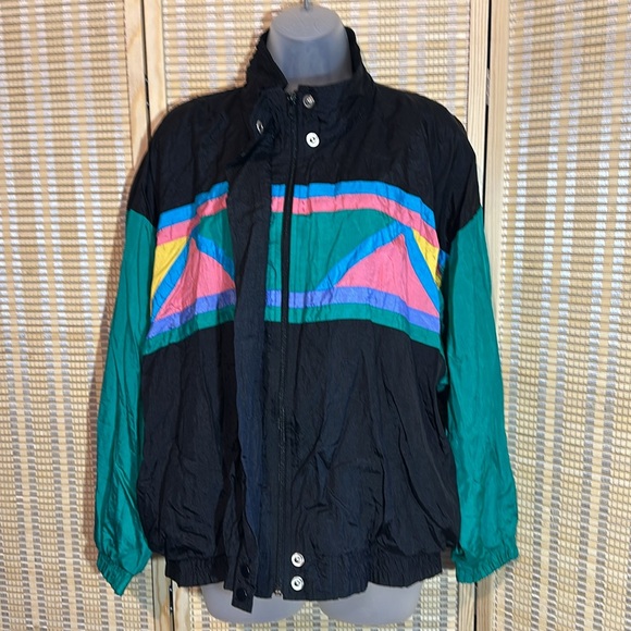 Ashley Hill Vintage 1990s Y2K Black Green Colorblock Zip Front Windbreaker Large - Picture 2 of 16